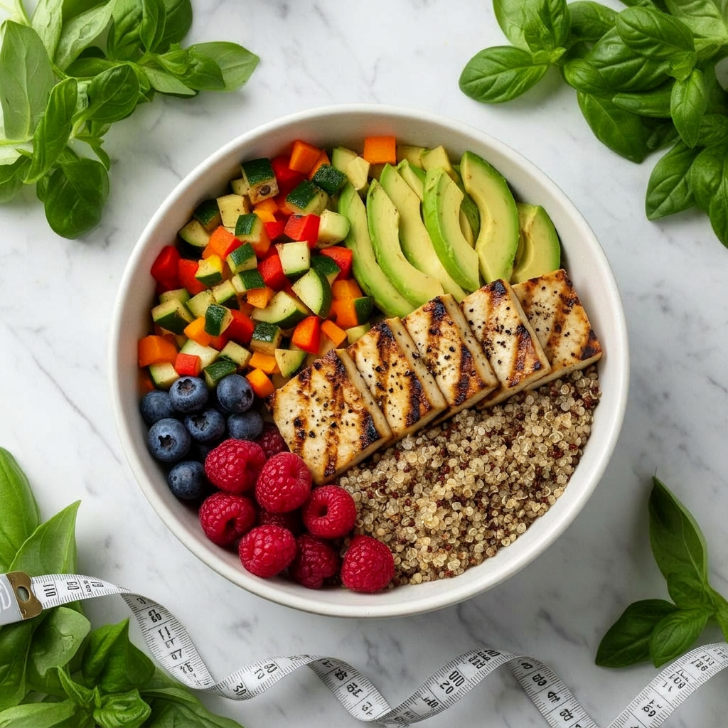 Personalized healthy meal bowl with vegetables, salmon, quinoa and berries